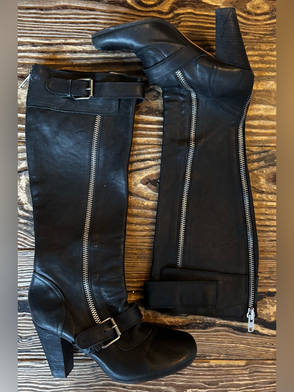 Chloe Black Leather Knee-High Zip & Buckle Heels